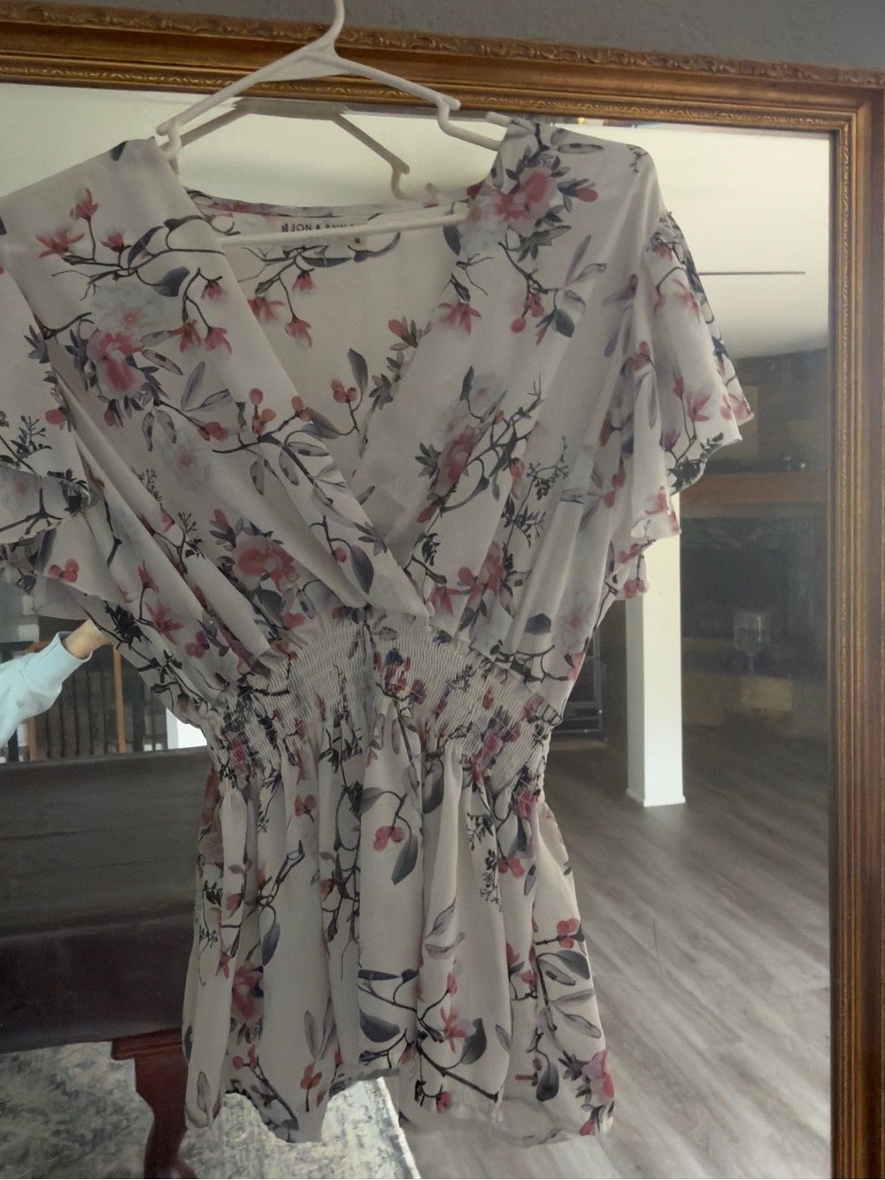Jon & Anna White Floral Surplice Ruffle Top with Pink and Gray Bloom